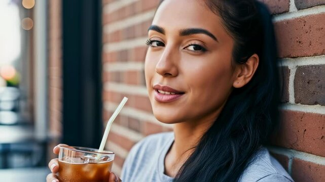 A young woman with a ponytail drinking a cold drink with a straw, leaning against a brick wall. Urban lifestyle and summer refreshment concept. Footage for beverage advertising