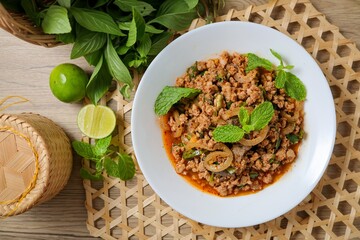 Spicy Minced Pork Salad, thai isan food, thai called Larb Moo	