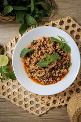 Spicy Minced Pork Salad, thai isan food, thai called Larb Moo	