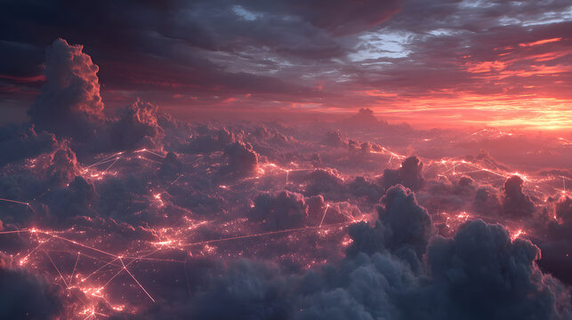 Futuristic cloudscape with glowing red and blue network connections symbolizing digital cloud infrastructure.