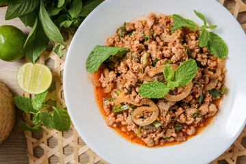 Spicy Minced Pork Salad, thai isan food, thai called Larb Moo	