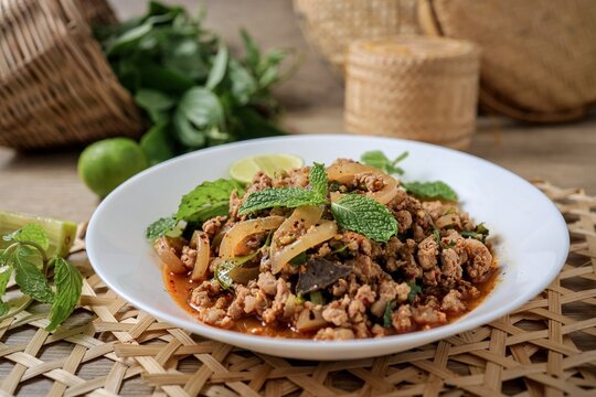 Spicy Minced Pork Salad, thai isan food, thai called Larb Moo	