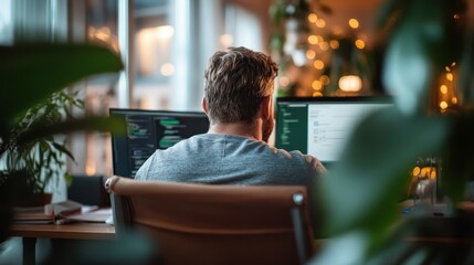 A dedicated male programmer sits at his desk, immersed in coding on dual monitors, highlighting the essence of concentration and creativity in a serene, plant-filled environment.