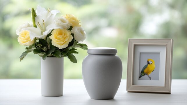 Urn, flower and picture frame with parrot photo. Funeral and memorial concept. Remembering a loved one and pet tribute.