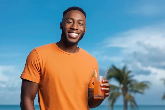 A man in an orange shirt is smiling and holding a drink. The drink is a cocktail, and the man is standing on a beach. Scene is cheerful and relaxed, as the man is enjoying his time at the beach