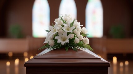 Wooden coffin with white lilies and roses on top at a solemn funeral ceremony inside a church with blurred background.