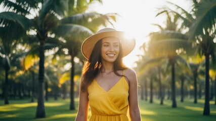 A happy woman in a yellow dress and straw hat walking through a palm tree alley at sunset. Tropical vacation, freedom, and happiness concept. Use for travel and lifestyle advertising