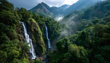 Fototapeta premium Magnificent waterfalls cascading in a lush tropical rainforest with rainbow mist, perfect for eco-tourism, nature therapy, and dream travel visuals