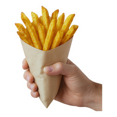 Hand holding french fries in paper cone isolated on transparent background