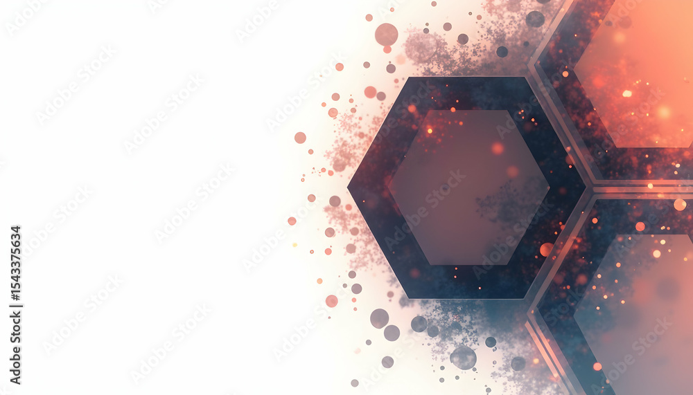Poster abstract hexagon shapes with glowing particles and white background