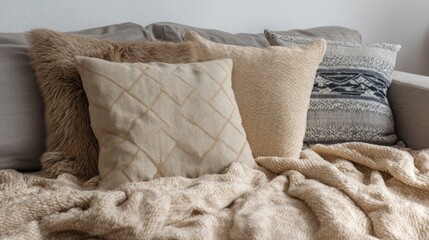Cozy and Comfortable Couch with Assorted Decorative Pillows and a Woven Blanket