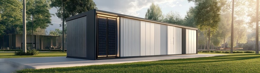Fototapeta premium Modern modular structure in a landscaped setting.