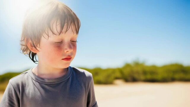 A tired, red-haired boy with freckles touching his face on a hot, sunny beach. Sunstroke, dehydration, or child's health on vacation concept. Scene for sun protection products