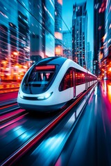 A white train traveling through a city at night
