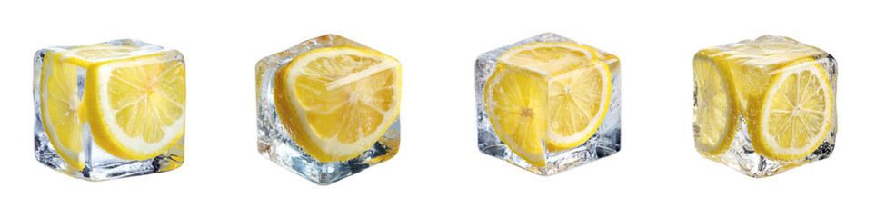 Isolated lemon slice encased inside an ice cube, offering a refreshing and vibrant visual element ideal for summery themes, presented as a PNG set with a transparent background