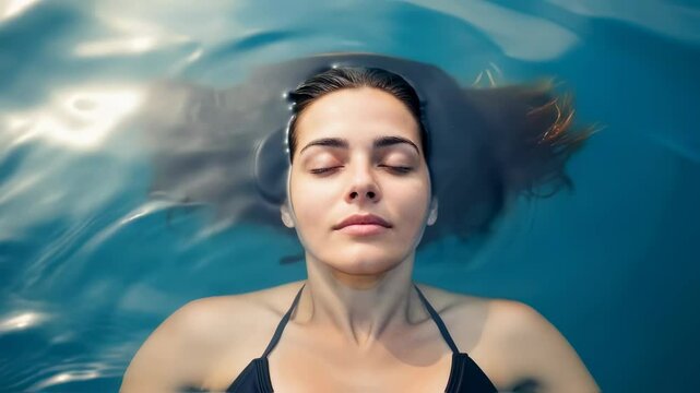 A woman's face with closed eyes and wet hair floating on the surface of dark blue water. Total relaxation and sensory deprivation concept. Use for spa, floatation therapy, or wellness retreats
