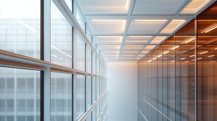 A contemporary office interior featuring large glass windows and modern lighting, reflecting a professional and sleek environment ideal for productivity and innovation.