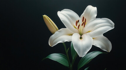 Fototapeta premium Close-up of a pristine white lily with a bud, against a dark background