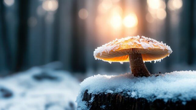 A mesmerizing image of a frosted mushroom illuminating a forest backdrop, capturing the enchanting beauty of nature in a tranquil winter setting.