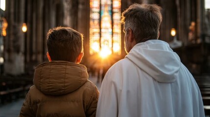 Fototapeta premium An elder and a young boy stand side by side in a church, witnessing a beautiful sunset shine through stained glass windows, symbolizing hope, faith, and family bonds.