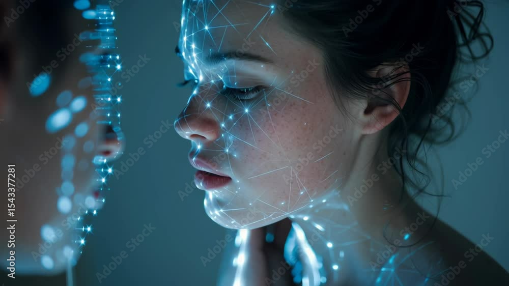 Aufkleber futuristic facial recognition system analyzing woman's face, creating glowing mesh of interconnected
