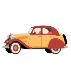 Vintage two-tone yellow and red car with spare tire side view.