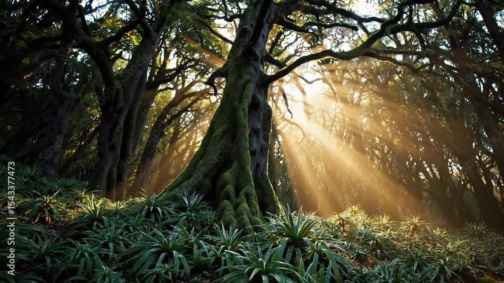 Poster ancient forest serenity with sunbeam filtering through mossy tree trunks and lush green foliage, pea
