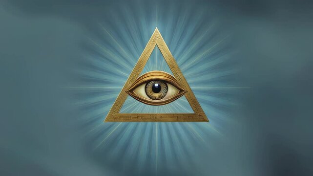 Mystical golden eye inside a glowing triangle radiates powerful energy, symbolizing enlightenment, divine vision, cosmic awareness, secret knowledge, higher consciousness, and spiritual awakening