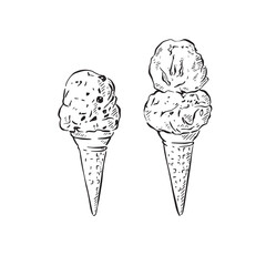 Two ice cream cones; one with one scoop and one with two scoops.