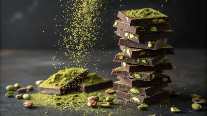 Dark chocolate bar pieces with pistachios and matcha powder