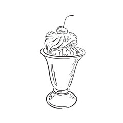 An ice cream sundae drawn in black and white with a cherry on top with whipped cream