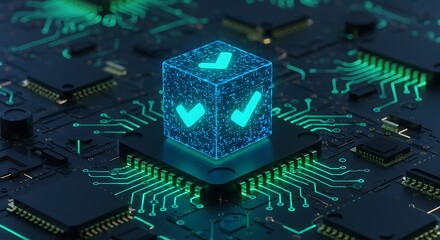 Digital technology confirmation concept with neon checkmarks and circuit board