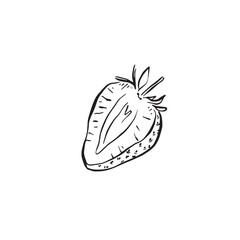 A cut strawberry illustration in black and white.