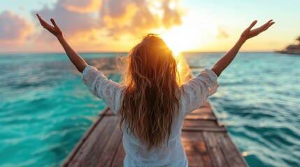 A silhouette of a joyful woman standing on a pier, arms outstretched toward the sunset, symbolizing freedom, joy, and a deep connection to nature and life.