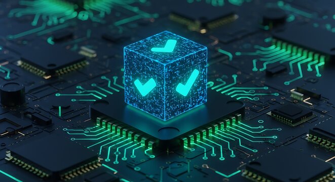 Digital technology confirmation concept with neon checkmarks and circuit board