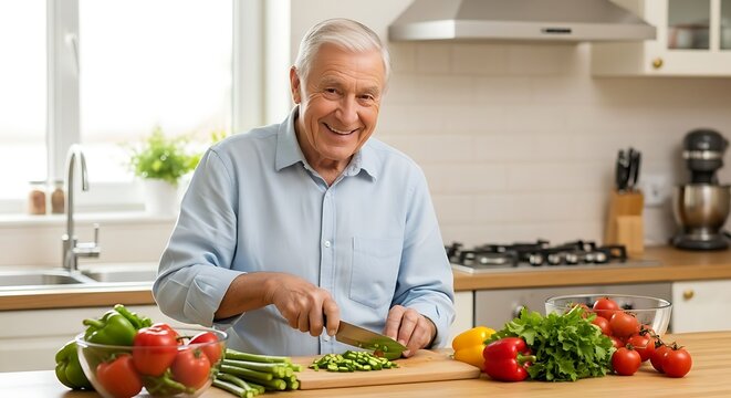 Smiling Senior Chopping Vegetables in Kitchen, Healthy Cooking Lifestyle.