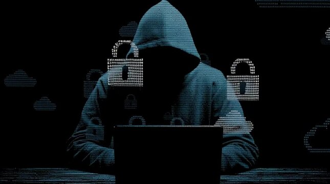 Hooded figure in shadow in front of a screen: the silent symbol of the dark side of the internet. Hacker, cybersecurity, digital surveillance, or invisible threats in a hyperconnected world.	