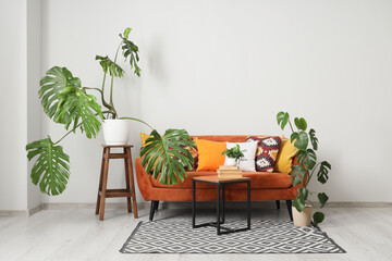 Interior of living room with Monstera plants, sofa and table