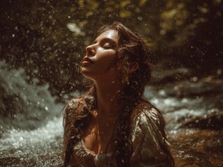 Obraz premium Woman bathed in sunlight, by a flowing waterfall.