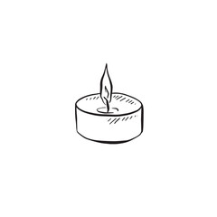 A tea light candle illustration in black line. 