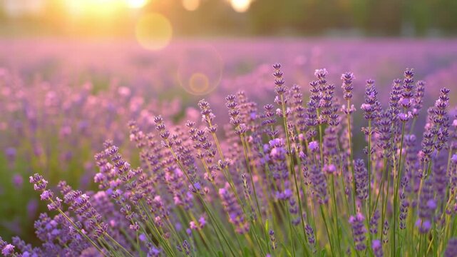 Lavender field swaying in breeze with warm sunlight bokeh, seamless looping 4k time-lapse animation video background