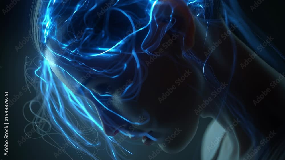 Poster complex network of glowing lines and nodes pulsates and flows around a woman's head, visualizing int