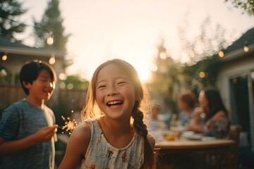 Smiling family enjoying golden hour backyard barbecue, relaxed summer gathering
