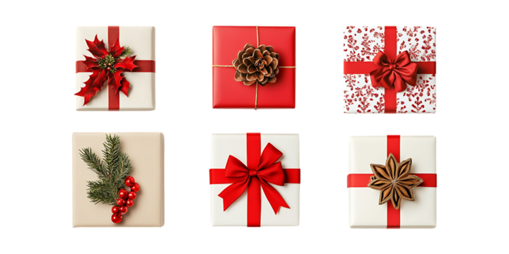 Pack Collection Six Beautifully Wrapped Christmas Presents Festive Gift Boxes for Holiday Celebrations set against transparent background