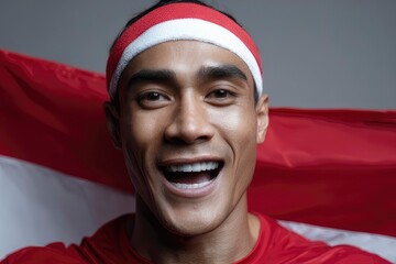 Smiling man with a red  white headband and shirt posing with the same colors in the background focusing on the joyful expression