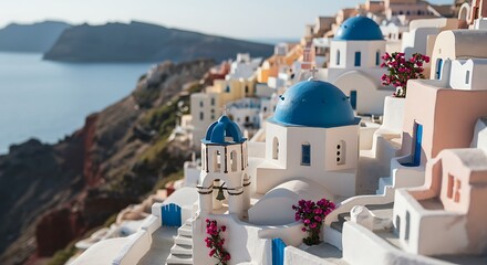 Naklejka premium Picturesque Santorini Whitewashed Houses, Blue Domes, Aegean Sea