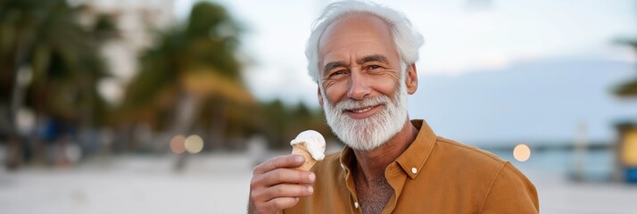 A man is smiling and holding an ice cream cone. Concept of happiness and enjoyment, as the man is posing for the camera while eating his treat. The beach setting adds to the relaxed