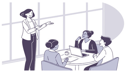 Woman presenting to a group of colleagues around a table with laptop and coffee in a bright office space