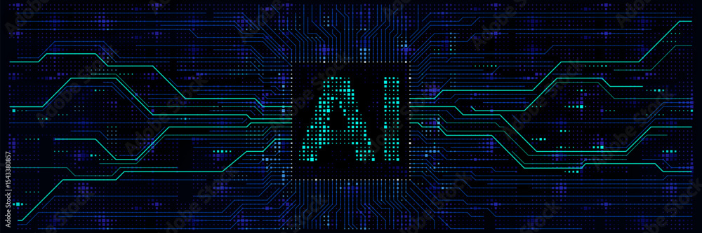 Poster illustration of abstract stream, ai brain concept. artificial intelligence. big data, technology, ai