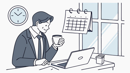 Man in suit working at laptop with coffee calendar clock and window in background illustration